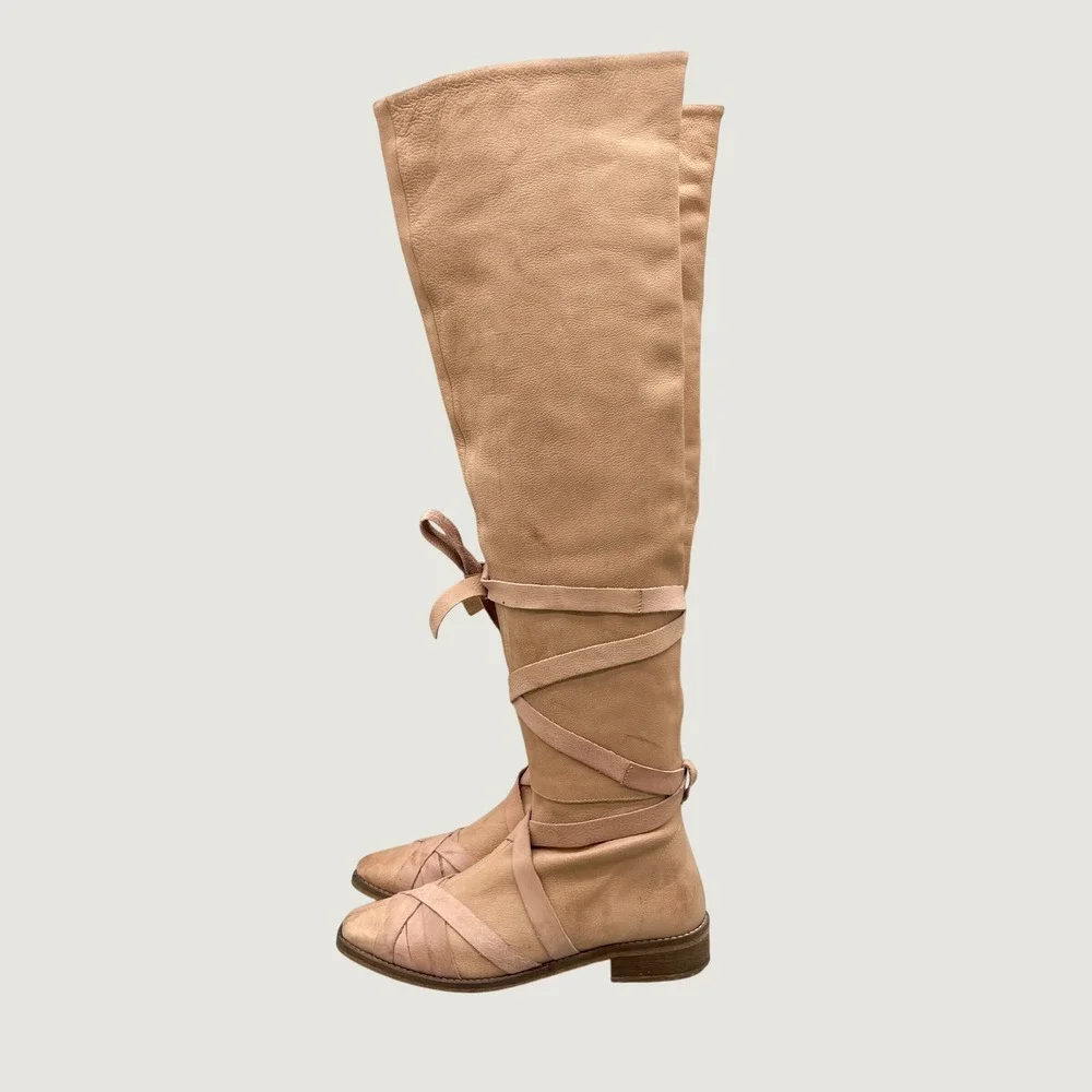 Free People Womens 37 6.5 West End Over The Knee Boots Camel Leather Gladiator